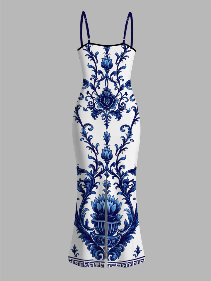 Porcelain Lotus Floral Print Spaghetti Strap Maxi Bodycon Vacation Dress