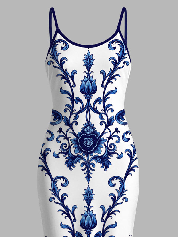 Porcelain Lotus Floral Print Spaghetti Strap Maxi Bodycon Vacation Dress