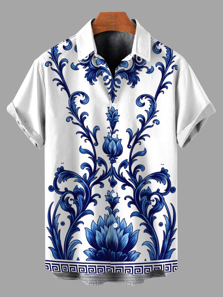 Men's Porcelain Lotus Floral Print Button Up Vacation Shirt