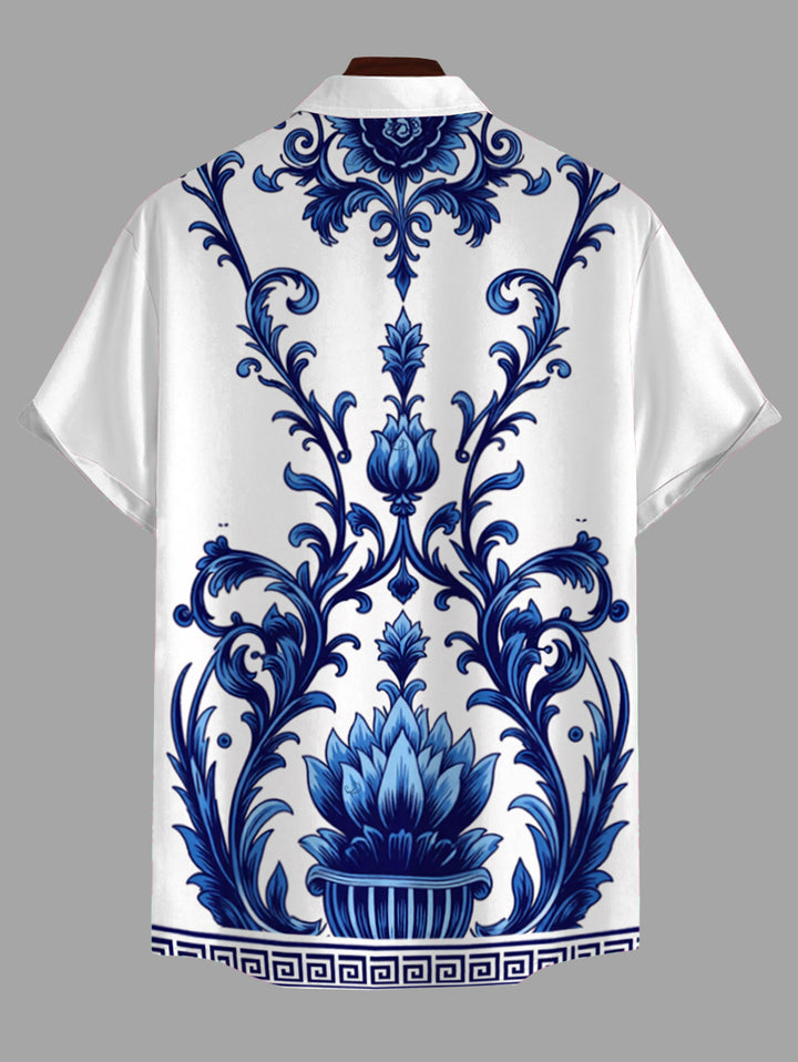 Men's Porcelain Lotus Floral Print Button Up Vacation Shirt