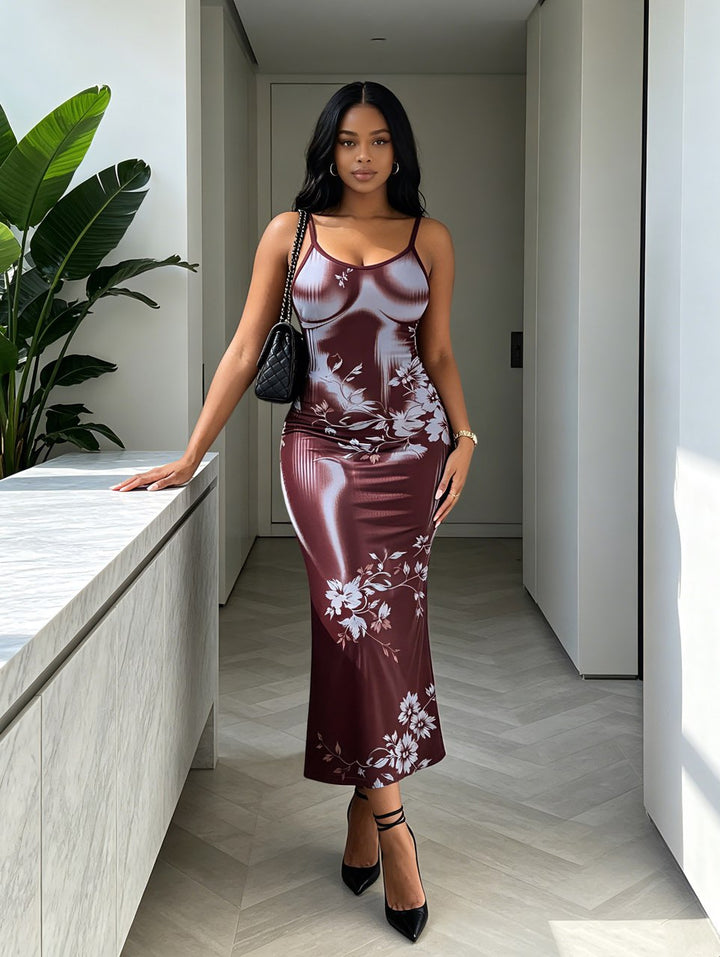 Ombtr Abstract Skeleton Print Spaghetti Strap Maxi Bodycon Vacation Dress