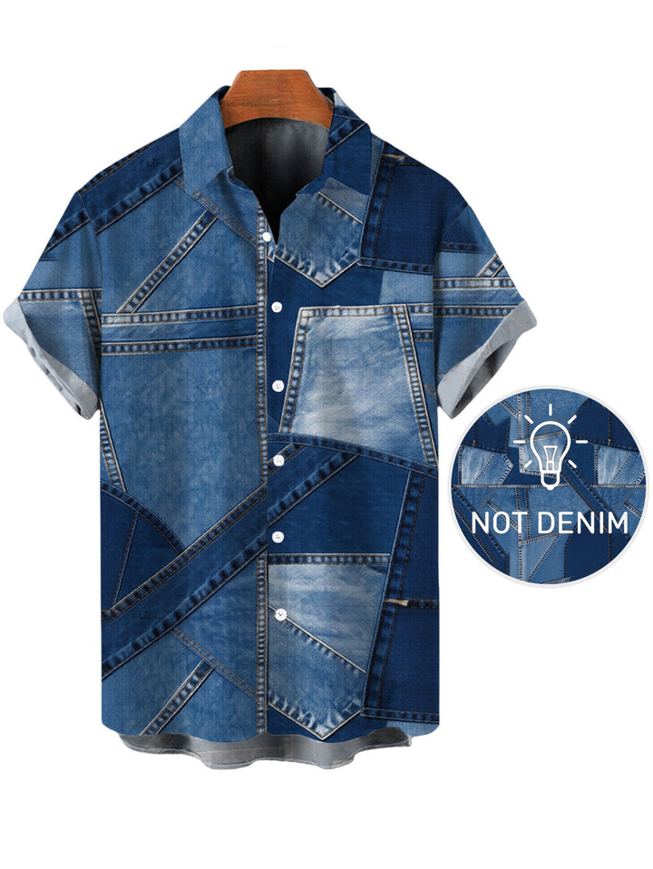 Men's Faux Denim Patchwork Print Button Up Casual Shirt