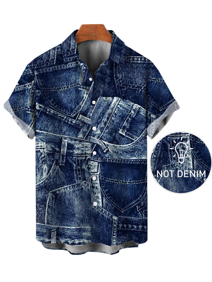 Men's Faux Demin Patchwork Print Button Up Vacation Shirt