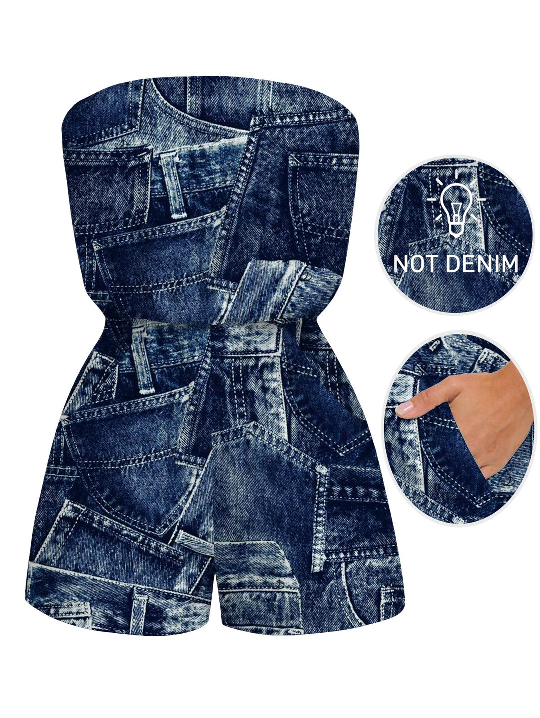 Faux Demin Patchwork Print Pocket Off the Shoulder Vacation Romper