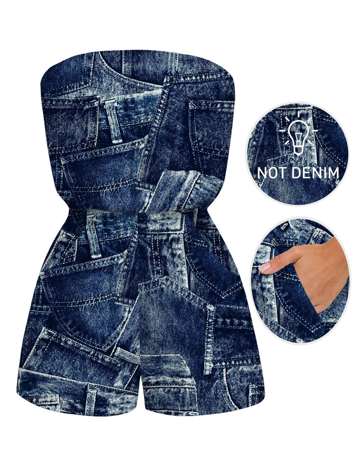 Faux Demin Patchwork Print Pocket Off the Shoulder Vacation Romper