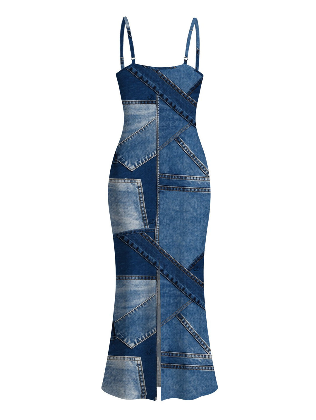 Faux Denim Patchwork Print Spaghetti Strap Maxi Bodycon Dress