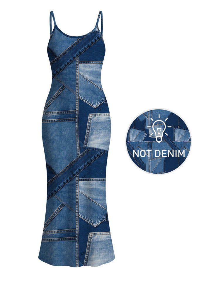 Faux Denim Patchwork Print Spaghetti Strap Maxi Bodycon Dress