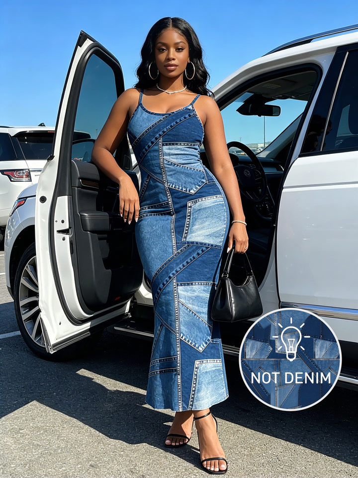 Faux Denim Patchwork Print Spaghetti Strap Maxi Bodycon Dress