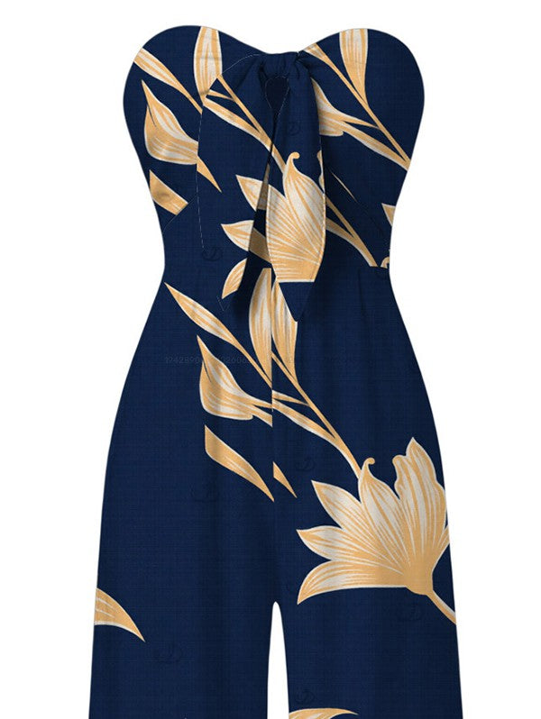 Golden Hand?Drawn Orchid Floral Print Pocket Off the Shoulder Vacation Jumpsuit