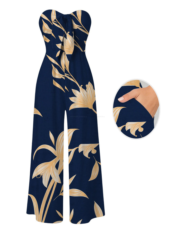 Golden Hand?Drawn Orchid Floral Print Pocket Off the Shoulder Vacation Jumpsuit
