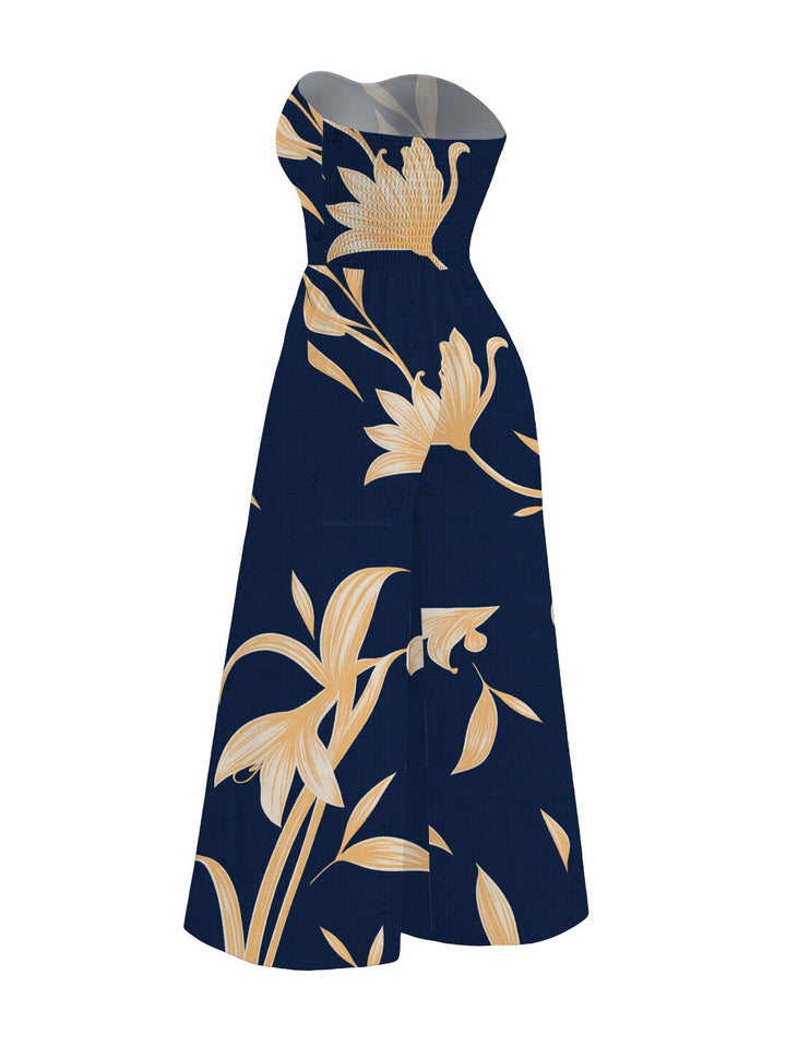 Golden Hand?Drawn Orchid Floral Print Pocket Off the Shoulder Vacation Jumpsuit