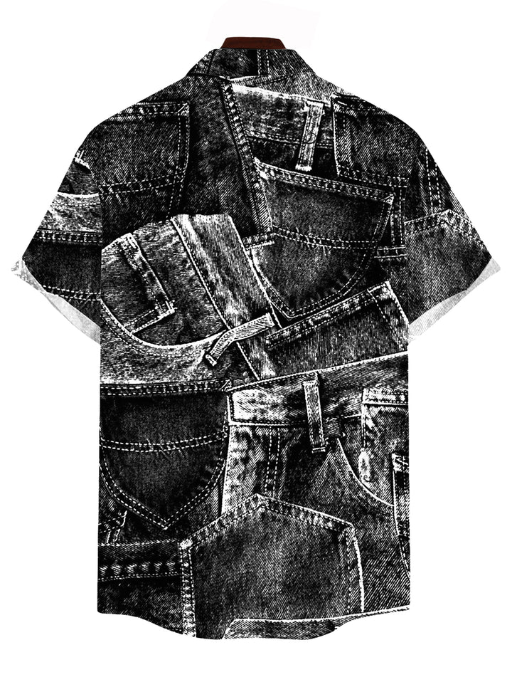 Men's Faux Demin Patchwork Print Button Up Vacation Shirt