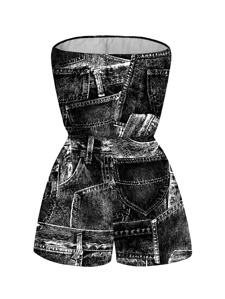 Faux Demin Patchwork Print Pocket Off the Shoulder Vacation Romper