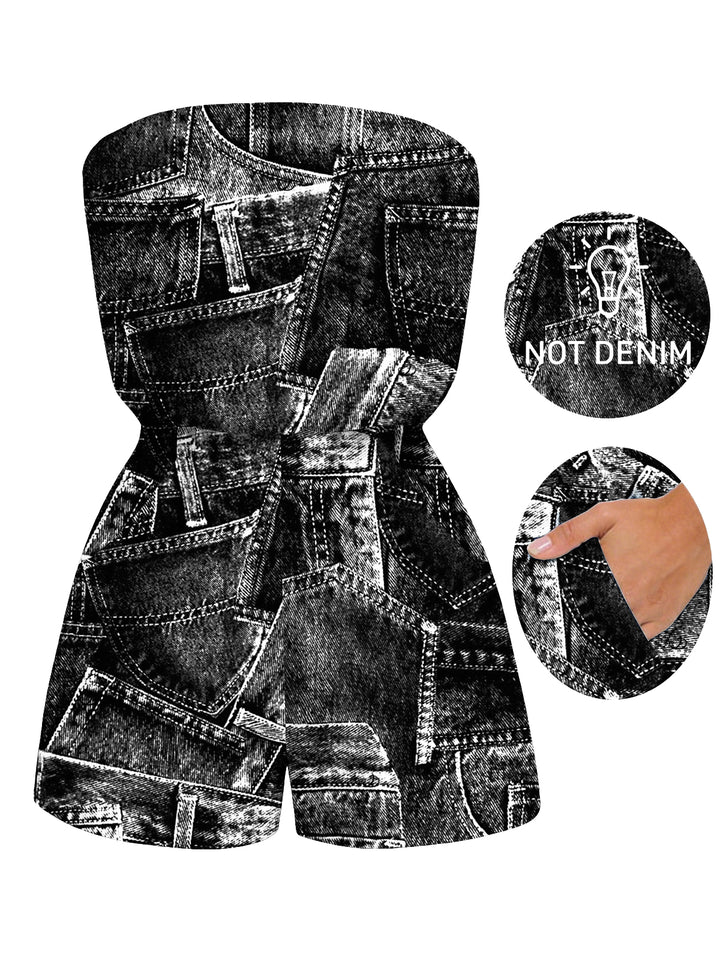 Faux Demin Patchwork Print Pocket Off the Shoulder Vacation Romper