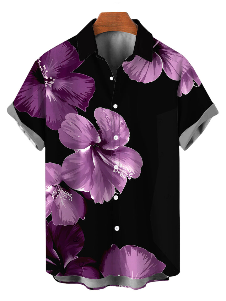 Men's Contrast Color Hibiscus Floral Print Button Up Vacation Shirt