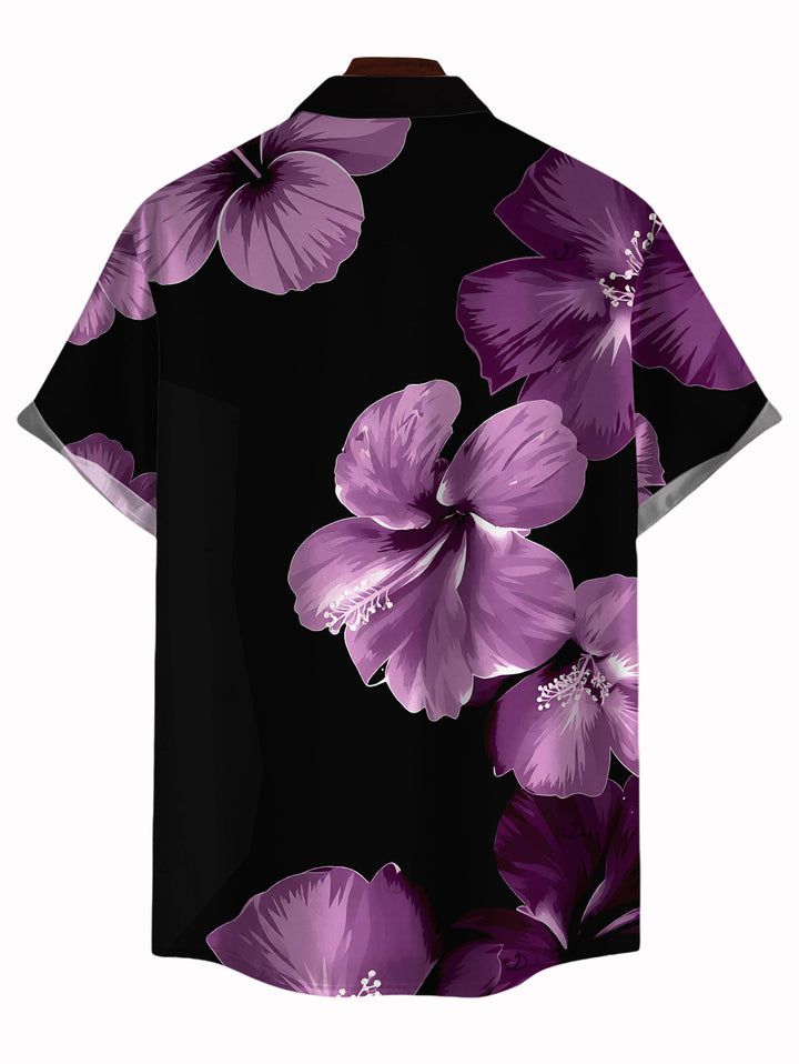 Men's Contrast Color Hibiscus Floral Print Button Up Vacation Shirt