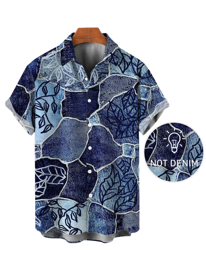 Men's Faux Denim Patchwork Leaf Print Button Up Vacation Shirt