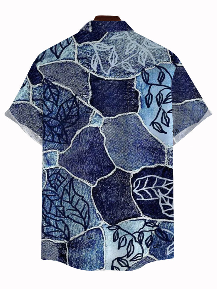 Men's Faux Denim Patchwork Leaf Print Button Up Vacation Shirt