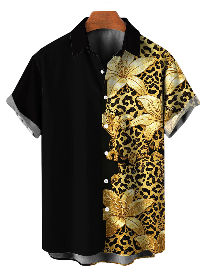 Men's Contract Color Lily Floral Leopard Print Button Up Vacation Shirt