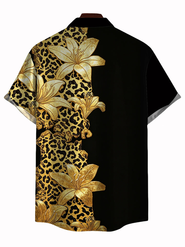 Men's Contract Color Lily Floral Leopard Print Button Up Vacation Shirt