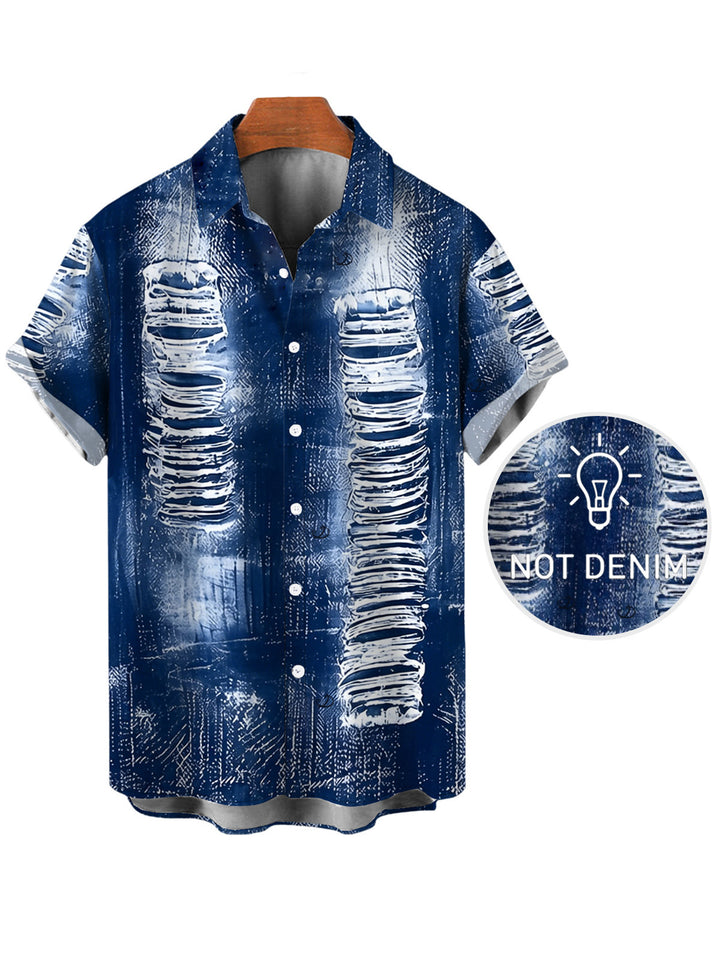 Men's Distressed Faux Denim Print Button Up Vacation Shirt