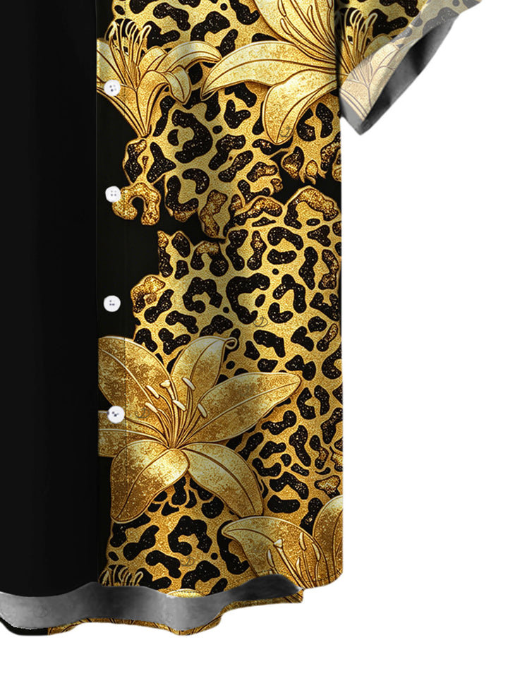 Men's Contract Color Lily Floral Leopard Print Button Up Vacation Shirt