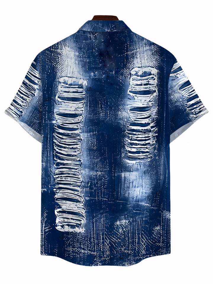 Men's Distressed Faux Denim Print Button Up Vacation Shirt