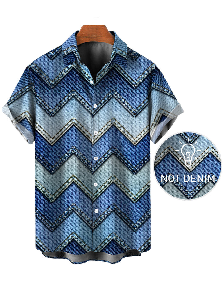 Men's Ombre Faux Denim Zig Zag Print Button Up Vintage Shirt