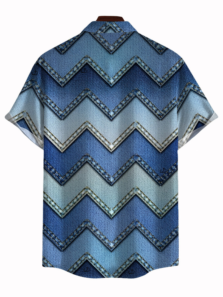 Men's Ombre Faux Denim Zig Zag Print Button Up Vintage Shirt