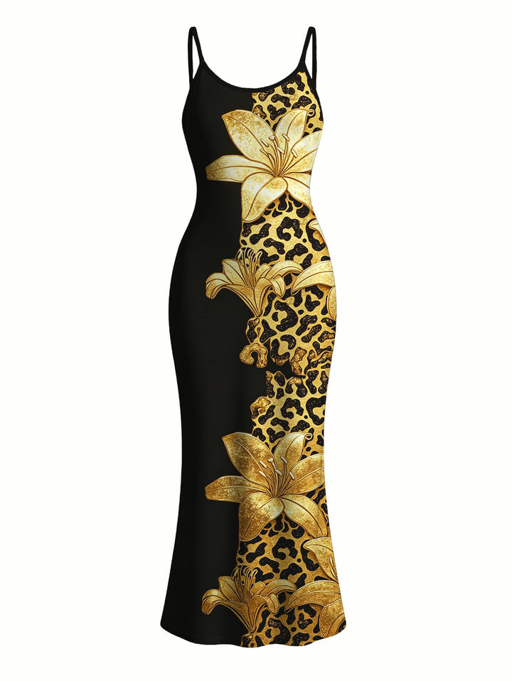 Contract Color Lily Floral Leopard Print Spaghetti Strap Maxi Bodycon Vacation Dress