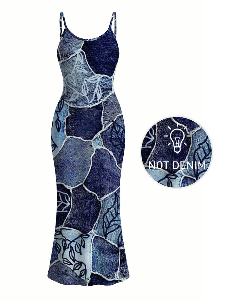 Faux Denim Patchwork Leaf Print Spaghetti Strap Maxi Bodycon Vacation Dress