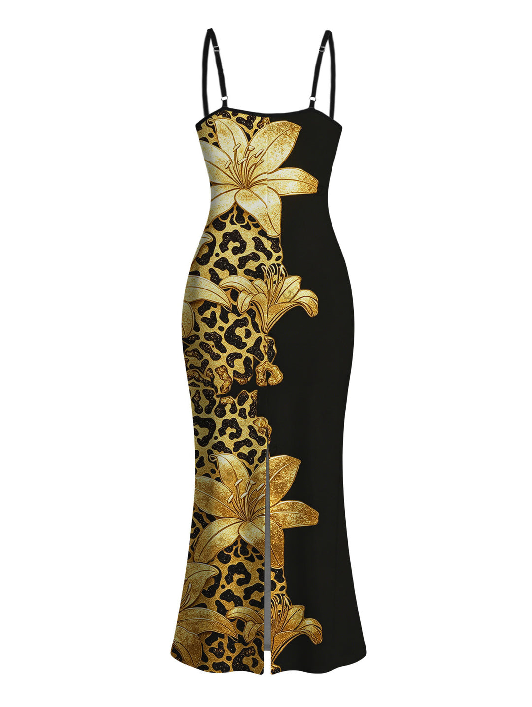 Contract Color Lily Floral Leopard Print Spaghetti Strap Maxi Bodycon Vacation Dress