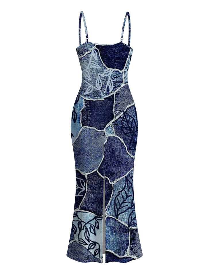 Faux Denim Patchwork Leaf Print Spaghetti Strap Maxi Bodycon Vacation Dress