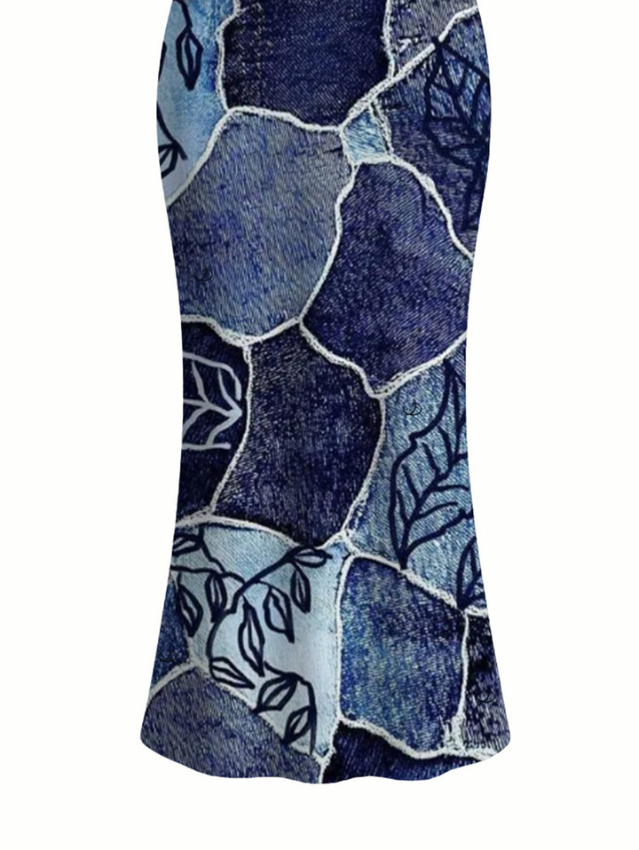 Faux Denim Patchwork Leaf Print Spaghetti Strap Maxi Bodycon Vacation Dress