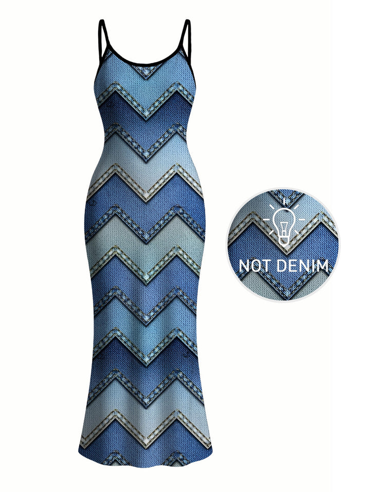 Ombre Faux Denim Zig Zag Print Spaghetti Strap Maxi Bodycon Vintage Dress