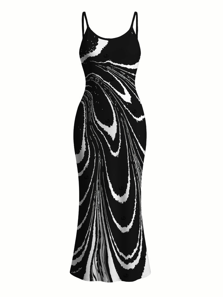 Monochrome Fluid Swirl Ombre Print Spaghetti Strap Maxi Bodycon Vacation Dress