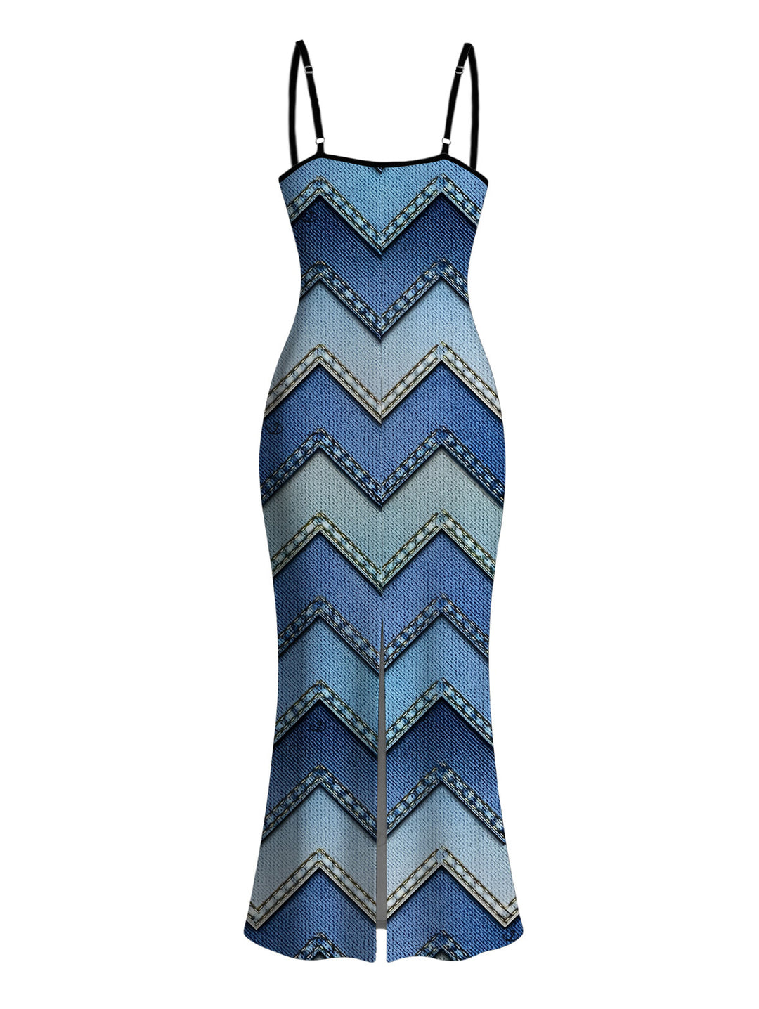 Ombre Faux Denim Zig Zag Print Spaghetti Strap Maxi Bodycon Vintage Dress