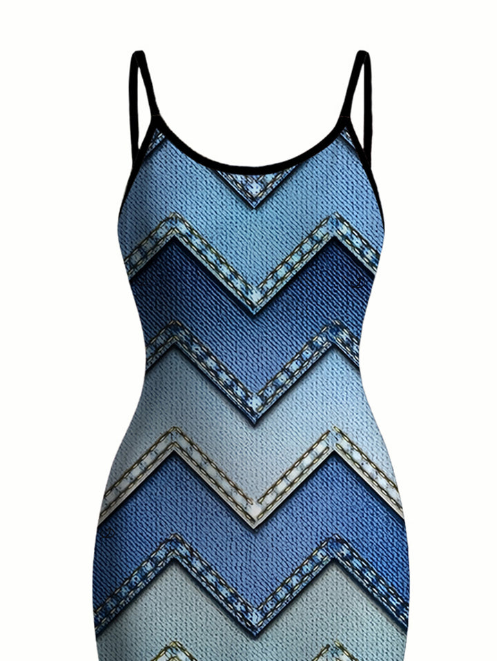 Ombre Faux Denim Zig Zag Print Spaghetti Strap Maxi Bodycon Vintage Dress
