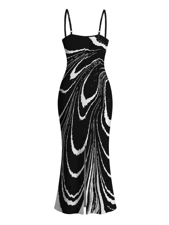 Monochrome Fluid Swirl Ombre Print Spaghetti Strap Maxi Bodycon Vacation Dress