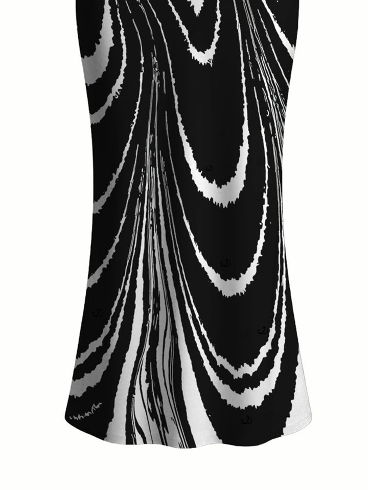 Monochrome Fluid Swirl Ombre Print Spaghetti Strap Maxi Bodycon Vacation Dress