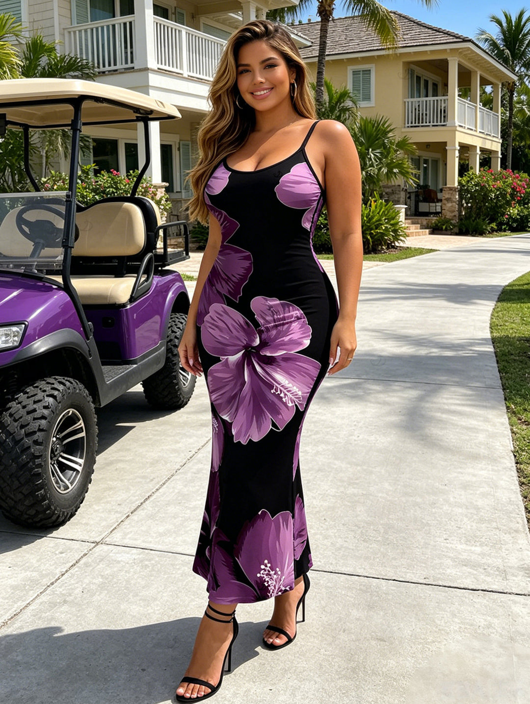 Contrast Color Hibiscus Floral Print Spaghetti Strap Maxi Bodycon Vacation Dress