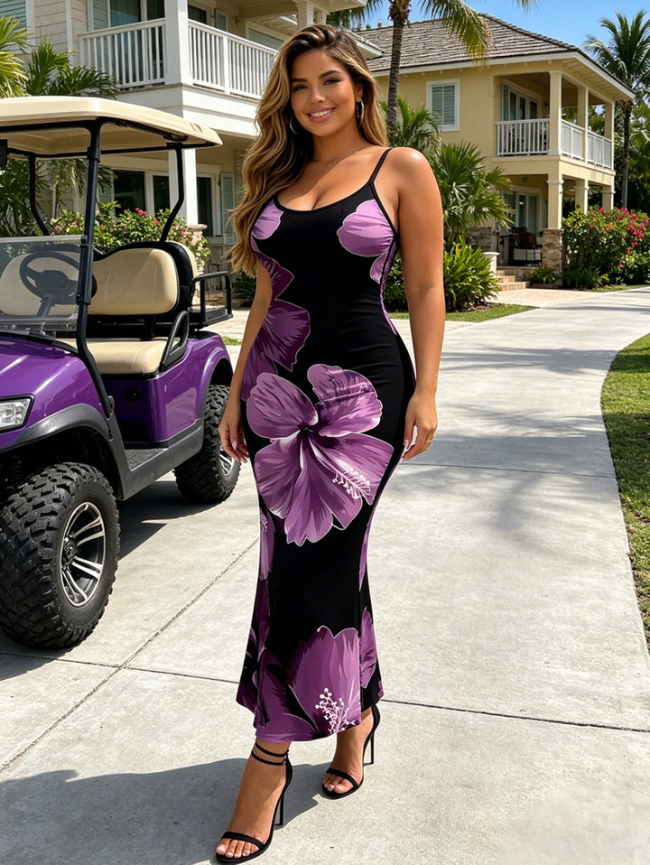 Contrast Color Hibiscus Floral Print Spaghetti Strap Maxi Bodycon Vacation Dress
