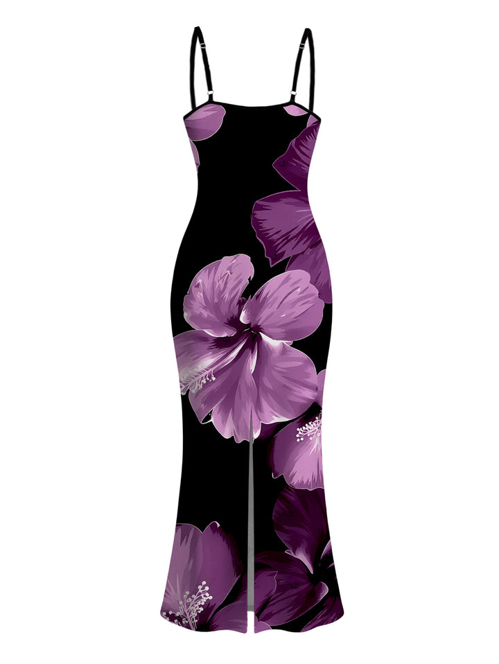 Contrast Color Hibiscus Floral Print Spaghetti Strap Maxi Bodycon Vacation Dress