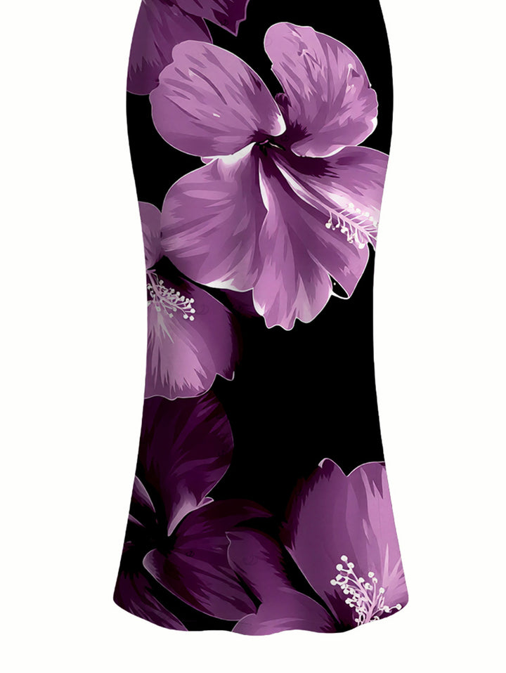 Contrast Color Hibiscus Floral Print Spaghetti Strap Maxi Bodycon Vacation Dress