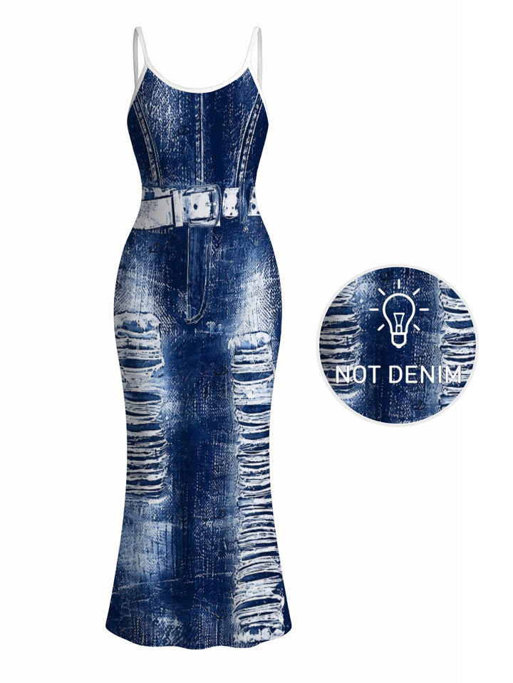 Distressed Faux Denim Print Spaghetti Strap Maxi Bodycon Vacation Dress