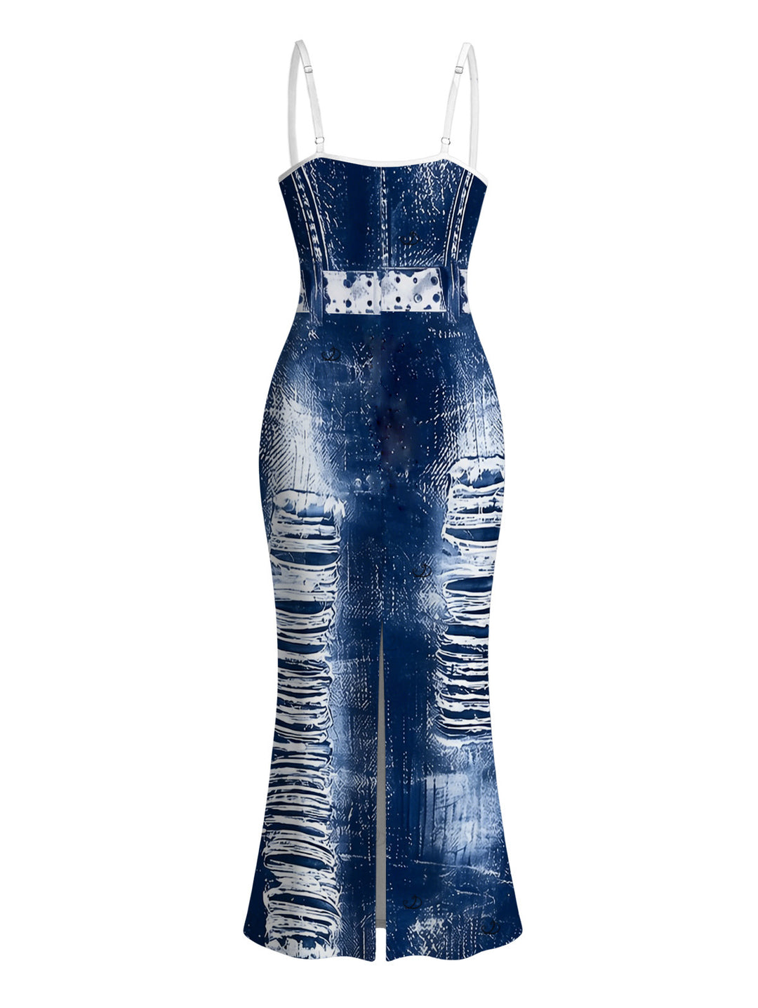 Distressed Faux Denim Print Spaghetti Strap Maxi Bodycon Vacation Dress
