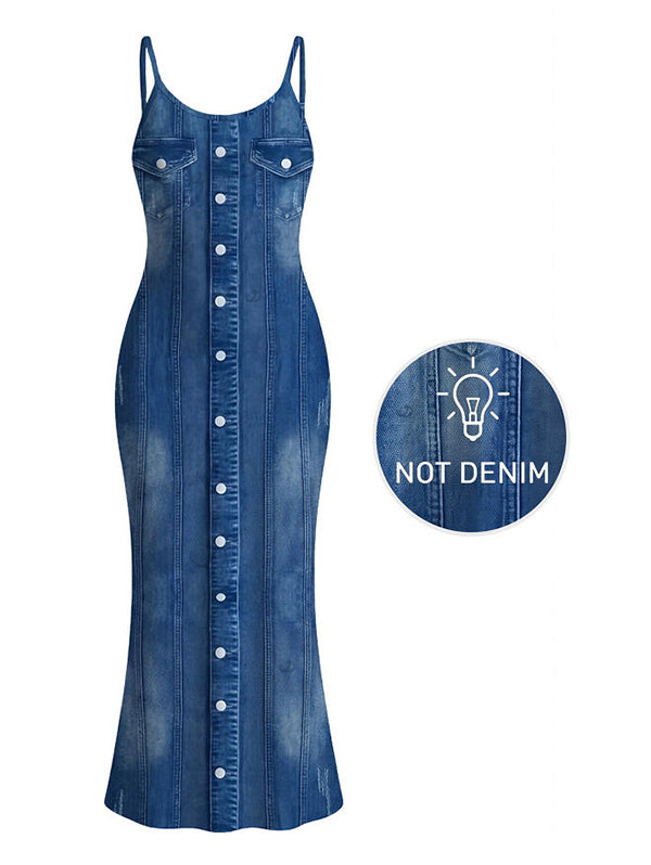 Faux Denim Print Spaghetti Strap Maxi Bodycon Dress