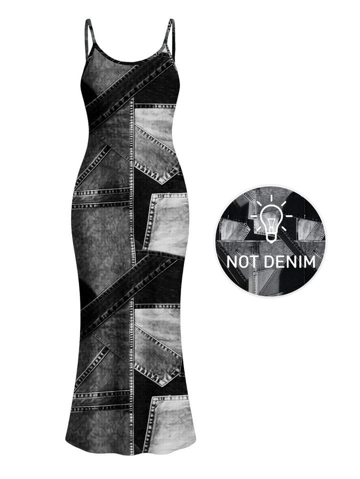 Faux Denim Patchwork Print Spaghetti Strap Maxi Bodycon Dress