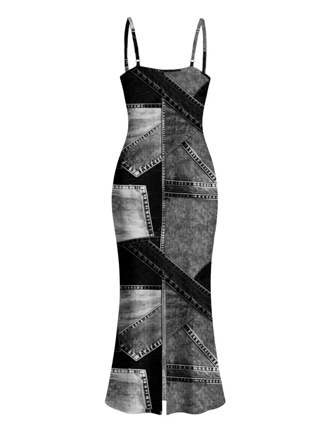 Faux Denim Patchwork Print Spaghetti Strap Maxi Bodycon Dress