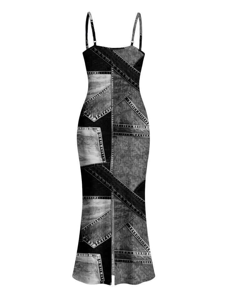 Faux Denim Patchwork Print Spaghetti Strap Maxi Bodycon Dress
